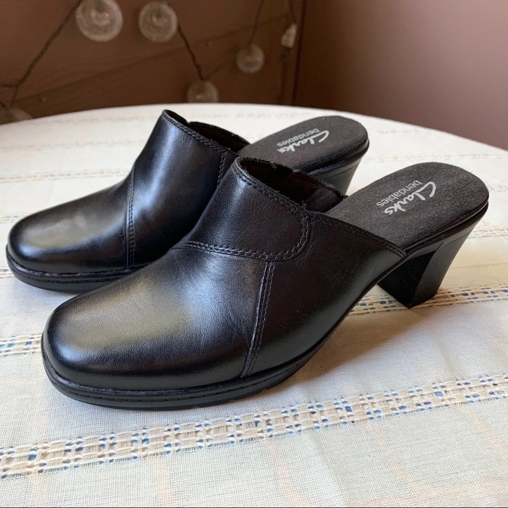 Clarks Black Leather Bendables Work Mules Slip Ons